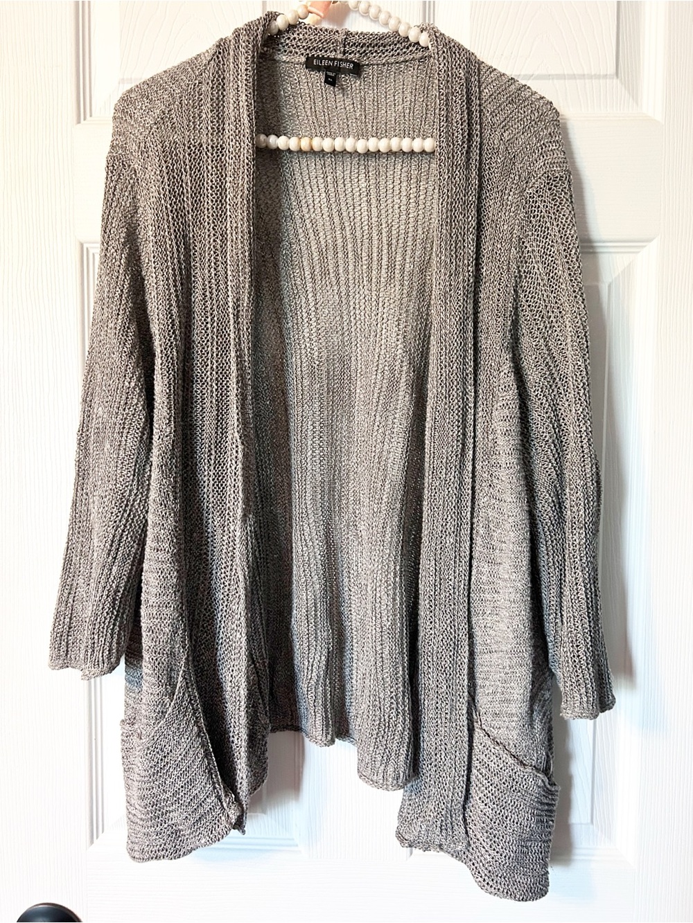 Eileen Fisher open-front cardigan- linen & silk blend metallic gray - Size XL